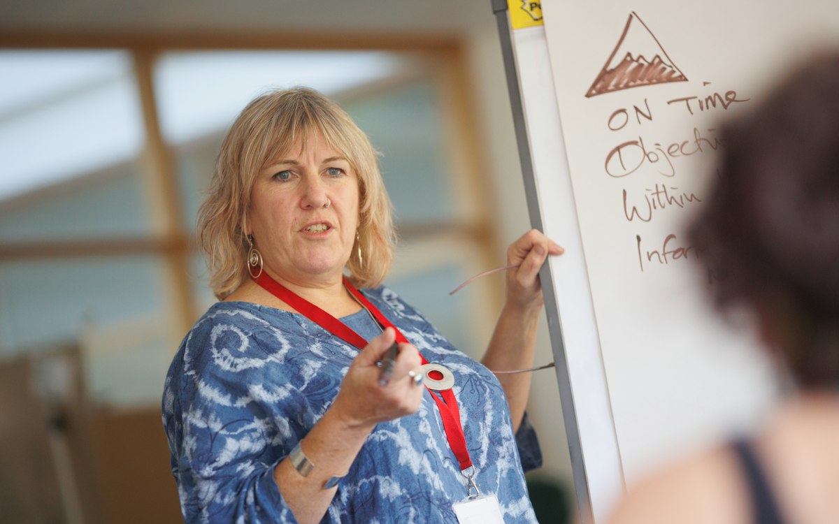 Trainer presenting at a whiteboard