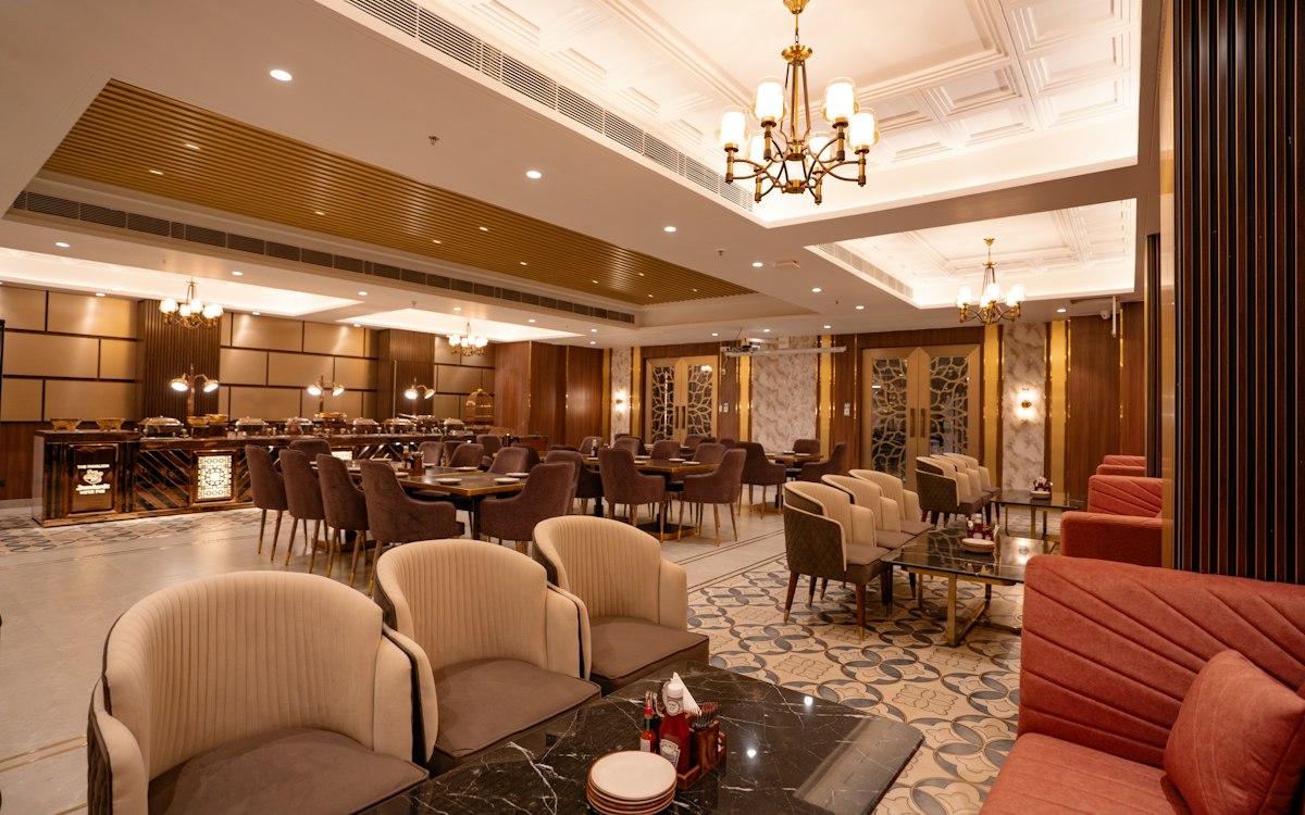 Luxury hotel restaurant with chandeliers